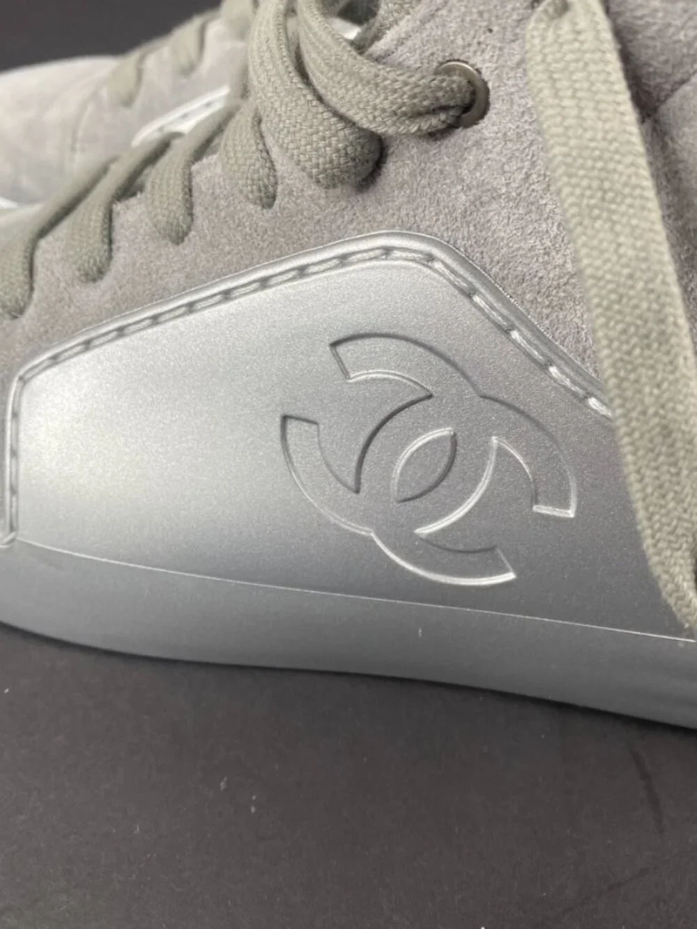 Chanel Grey Silver Suede Rubber CC High Top Sneakers Size 37.5